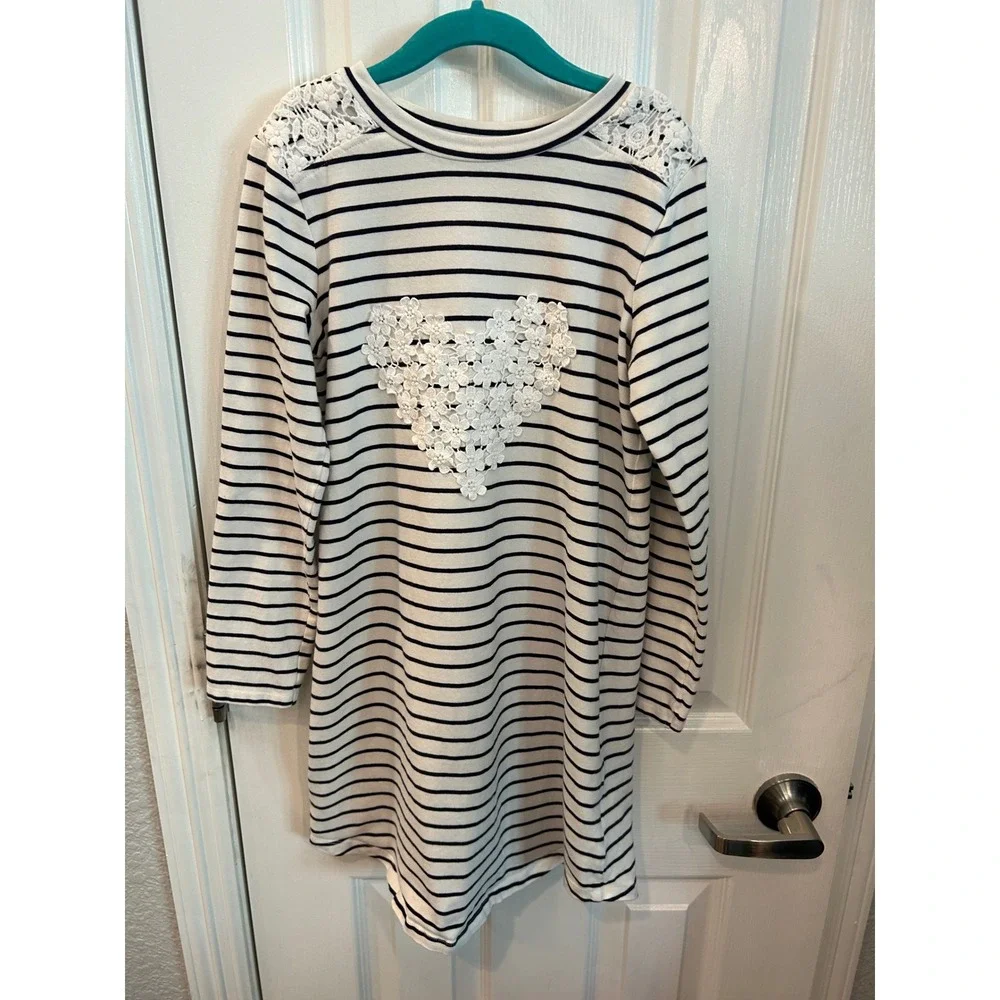 Rumi + Ryder Dress Navy White Striped Lace Heart Crochet Long Sleeve Kids M 8-10